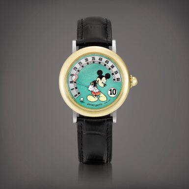 View full screen - View 1 of Lot 859. Fantasy Retro Mickey Mouse, Reference 3632 70G BAB | A yellow gold and stainless steel jumping hours wristwatch with retrograde minutes and mother-of-pearl dial, Circa 1999 | Fantasy Retro Mickey Mouse 型號3632 70G BAB | 黃金及精鋼跳時腕錶,備逆跳分鐘及珠母貝錶盤,約1999年製.