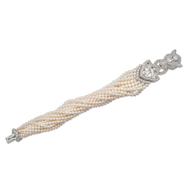 View full screen - View 1 of Lot 1267. CULTURED PEARL, COLOURED STONE AND DIAMOND ‘PANTHÈRE’ BRACELET WATCH | 卡地亞 | 養殖珍珠 配 彩色寶石 及 鑽石 ‘‘PANTHÈRE’ 腕錶.
