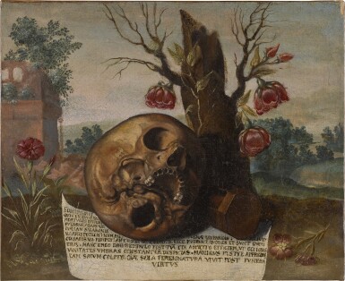 View full screen - View 1 of Lot 20. NORTH ITALIAN SCHOOL, 17TH CENTURY | VANITAS STILL LIFE WITH A SKULL IN A LANDSCAPE.