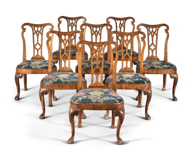 View full screen - View 1 of Lot 27. A SET OF EIGHT GEORGE II WALNUT SIDE CHAIRS, CIRCA 1740.