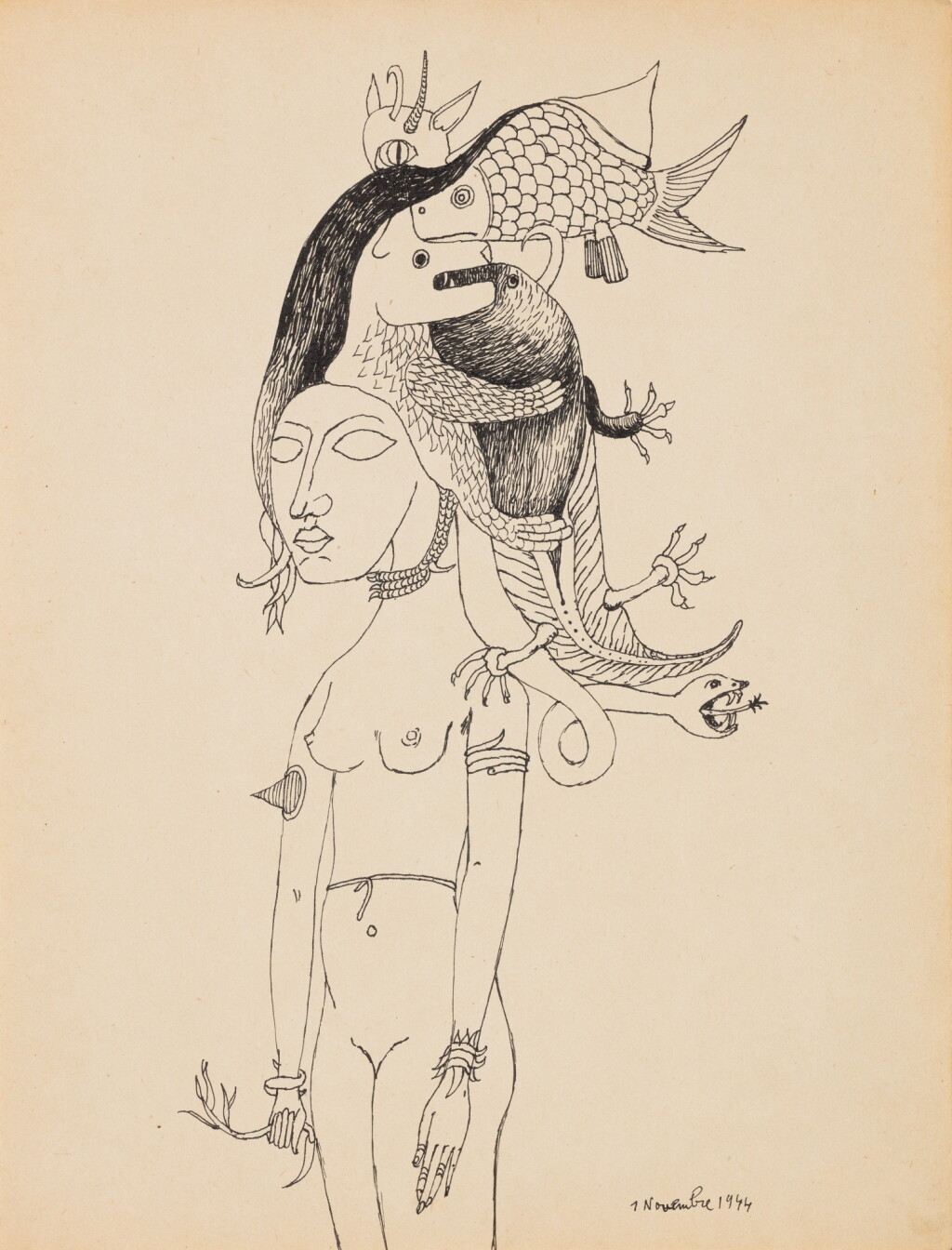 View full screen - View 1 of Lot 522. Femme aux poissons (Variation originale autour du thème de la femme rose-croix) .