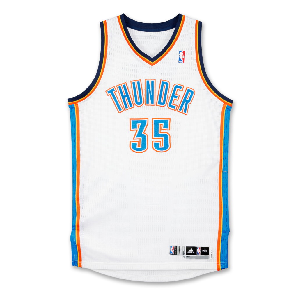 View full screen - View 1 of Lot 110. Kevin Durant Oklahoma City Thunder 2012-2013 Game Worn Jersey | First Career Triple-Double | 25 Points | 13 Rebounds | 10 Assists | Matched to 3 Games.