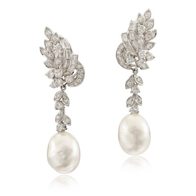 View full screen - View 1 of Lot 1642. Pair of Cultured Pearl and Diamond Earrings | 養殖珍珠 配 鑽石 耳環.