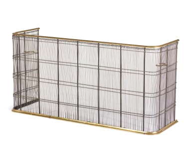 View full screen - View 1 of Lot 76. A BRASS AND WIRE MESH NURSERY FENDER BY JAMB, MODERN COPY AFTER A REGENCY MODEL.