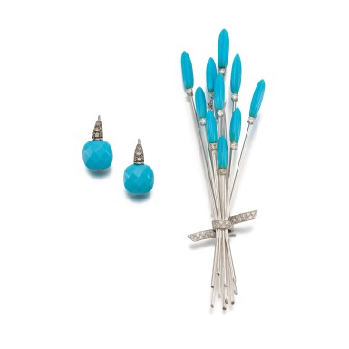 View full screen - View 1 of Lot 350. Turquoise and diamond brooch and a pair of imitation turquoise and diamond earrings.