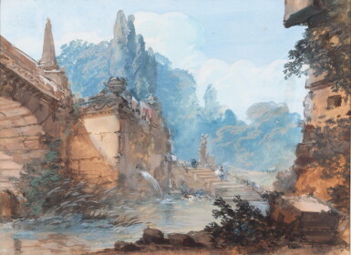 View full screen - View 1 of Lot 190. Attributed to Louis-Gabriel Moreau called Moreau l'Aîné, An architectural capriccio | Attribué à Louis-Gabriel Moreau dit l'Aîné, Caprice architectural.