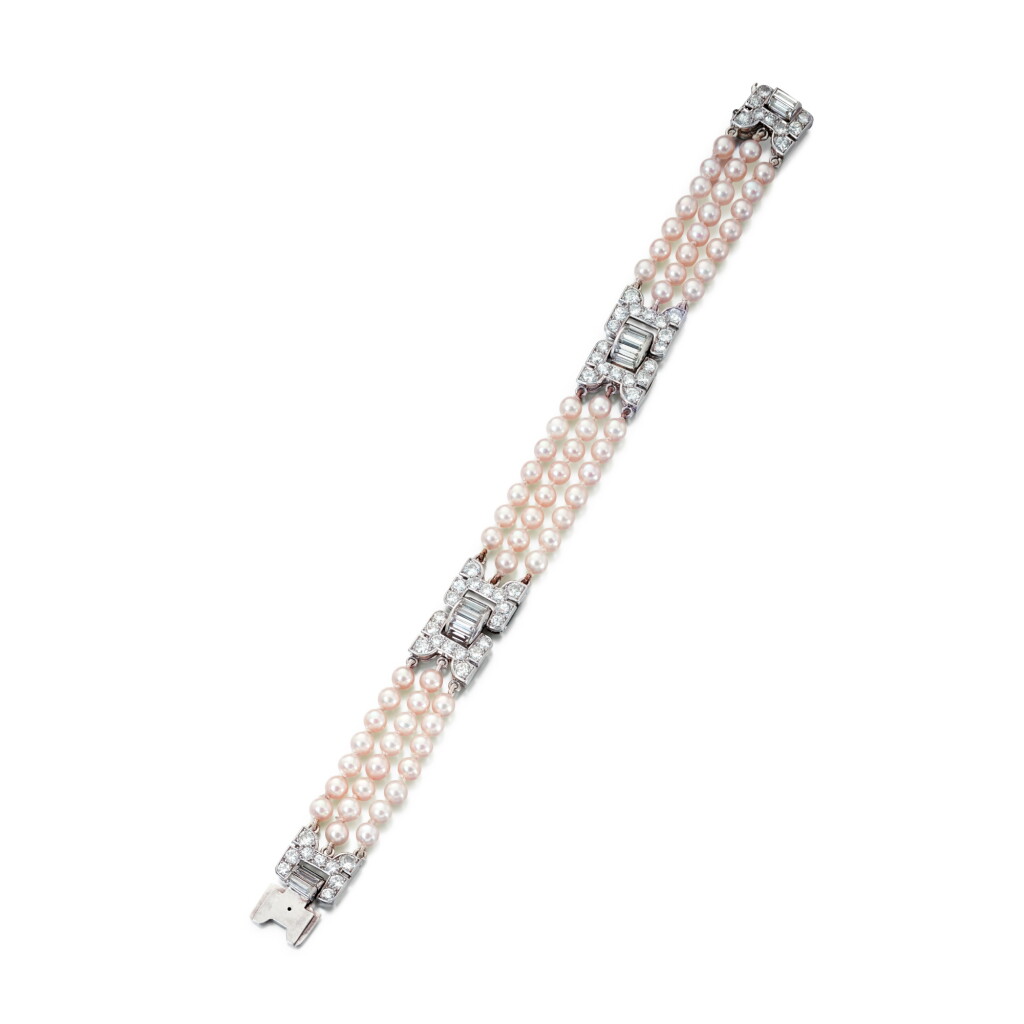 View full screen - View 1 of Lot 335. Natural Pearl and Diamond Bracelet.