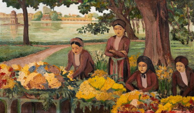 View full screen - View 1 of Lot 26. Phung Fu (20th century), Flower vendors near Hoan Kiem Lake | Phung Fu(二十世紀), 還劍湖旁花販.