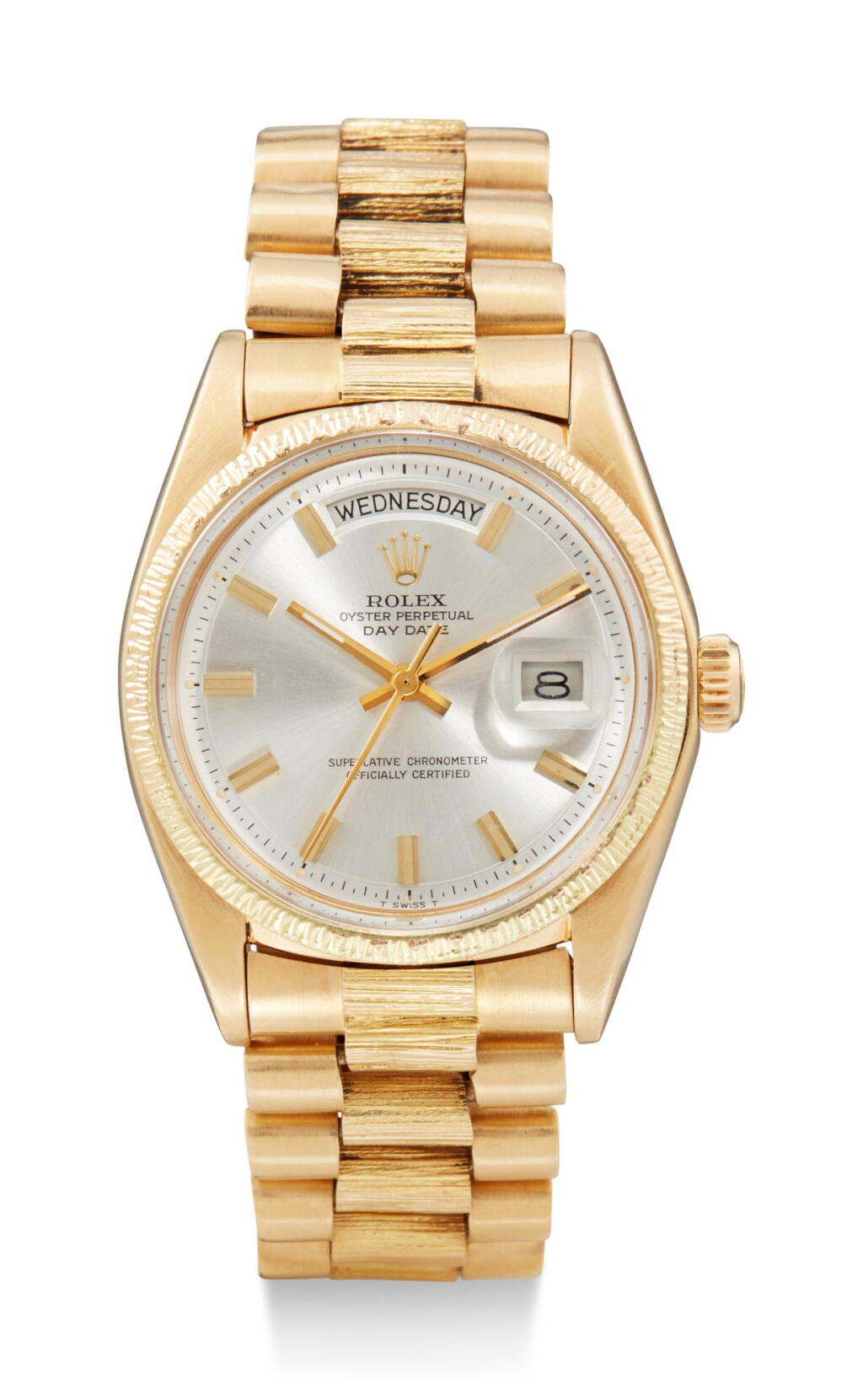 View full screen - View 1 of Lot 8060. ROLEX | DAY-DATE, REFERENCE 1807, A YELLOW GOLD WRISTWATCH WITH DAY, DATE AND BRACELET, CIRCA 1970.