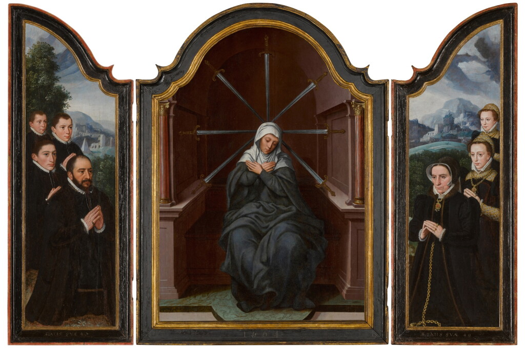 View full screen - View 1 of Lot 2. A triptych: the Virgin of Sorrows and kneeling donor figures.