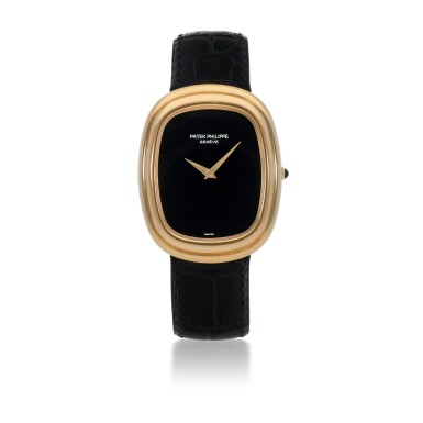View full screen - View 1 of Lot 655. PATEK PHILIPPE | GRAND ELLIPSE, REF 3730 YELLOW GOLD WRISTWATCH WITH ONYX DIAL MADE IN 1976.