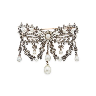View full screen - View 1 of Lot 220. Silver-Topped Gold, Diamond and Pearl Brooch.