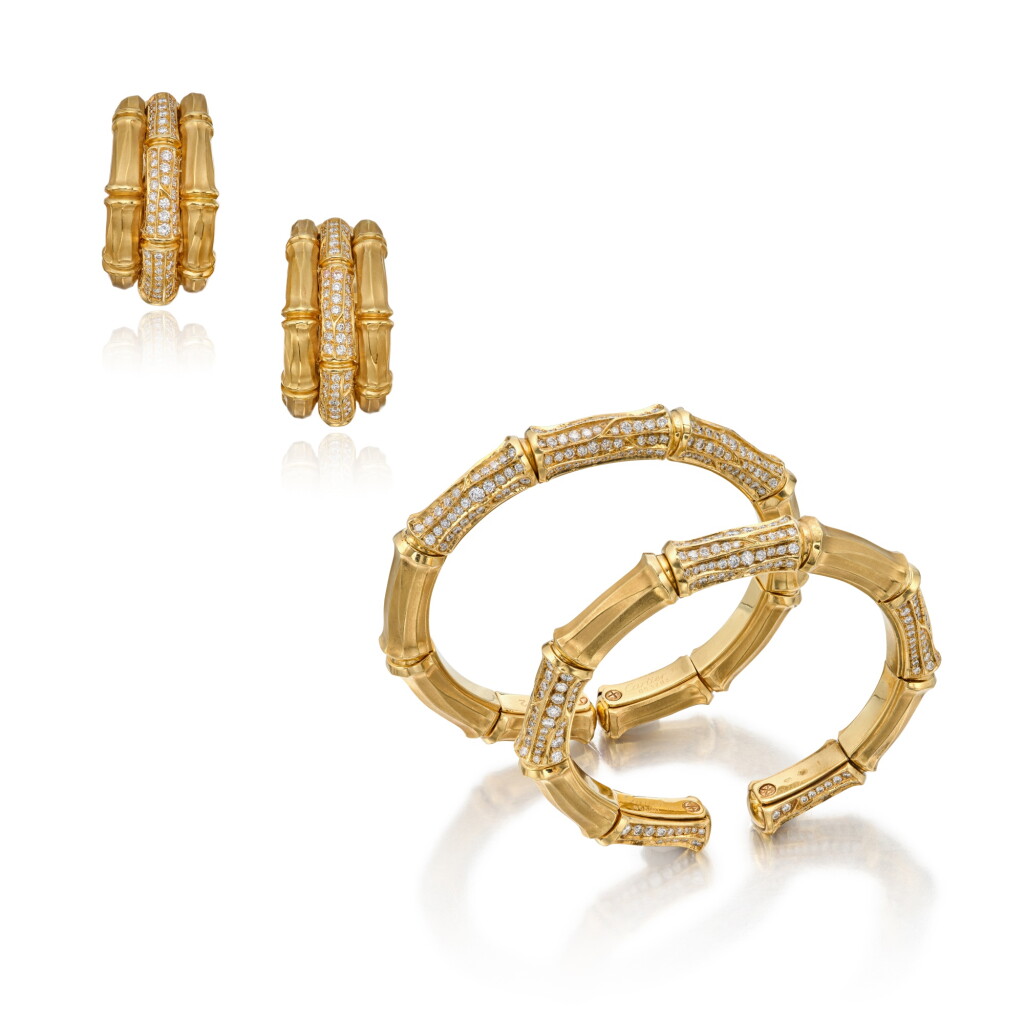 View full screen - View 1 of Lot 6. Two Gold and Diamond 'Bamboo' Cuff-Bracelets and Pair of Earclips, France.