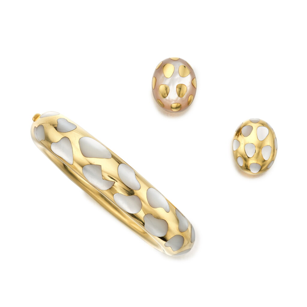 View full screen - View 1 of Lot 301. Gold and Mother-of-Pearl Bangle-Bracelet and Pair of 'Positive Negative' Earclips.