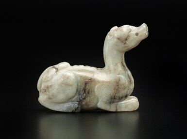 View full screen - View 1 of Lot 53. A gray and brown jade mythical beast, Song - Ming dynasty | 宋至明 玉瑞獸.