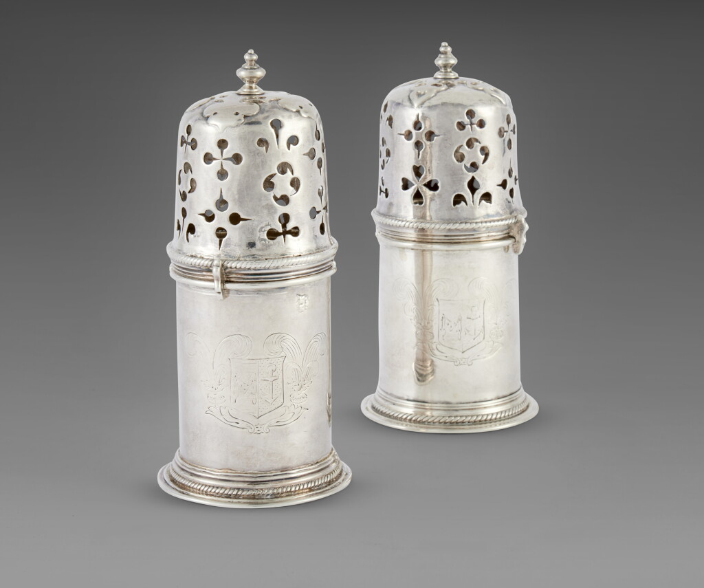 View full screen - View 1 of Lot 628. Two Similar Charles II Silver Casters, Maker's Mark RB or BB Above a Heart and Francis Garthorne, London, 1675 and Circa.