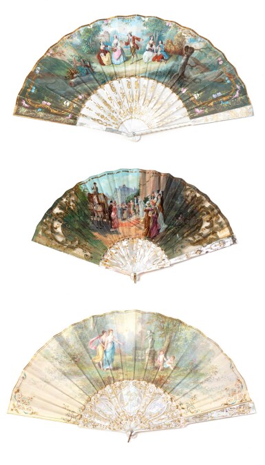 View full screen - View 1 of Lot 154. A group of three French brisé fans, circa 1860 | Groupe de trois éventails brisés, France, vers 1860.
