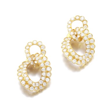 View full screen - View 1 of Lot 604. PAIR OF DIAMOND EARRINGS.