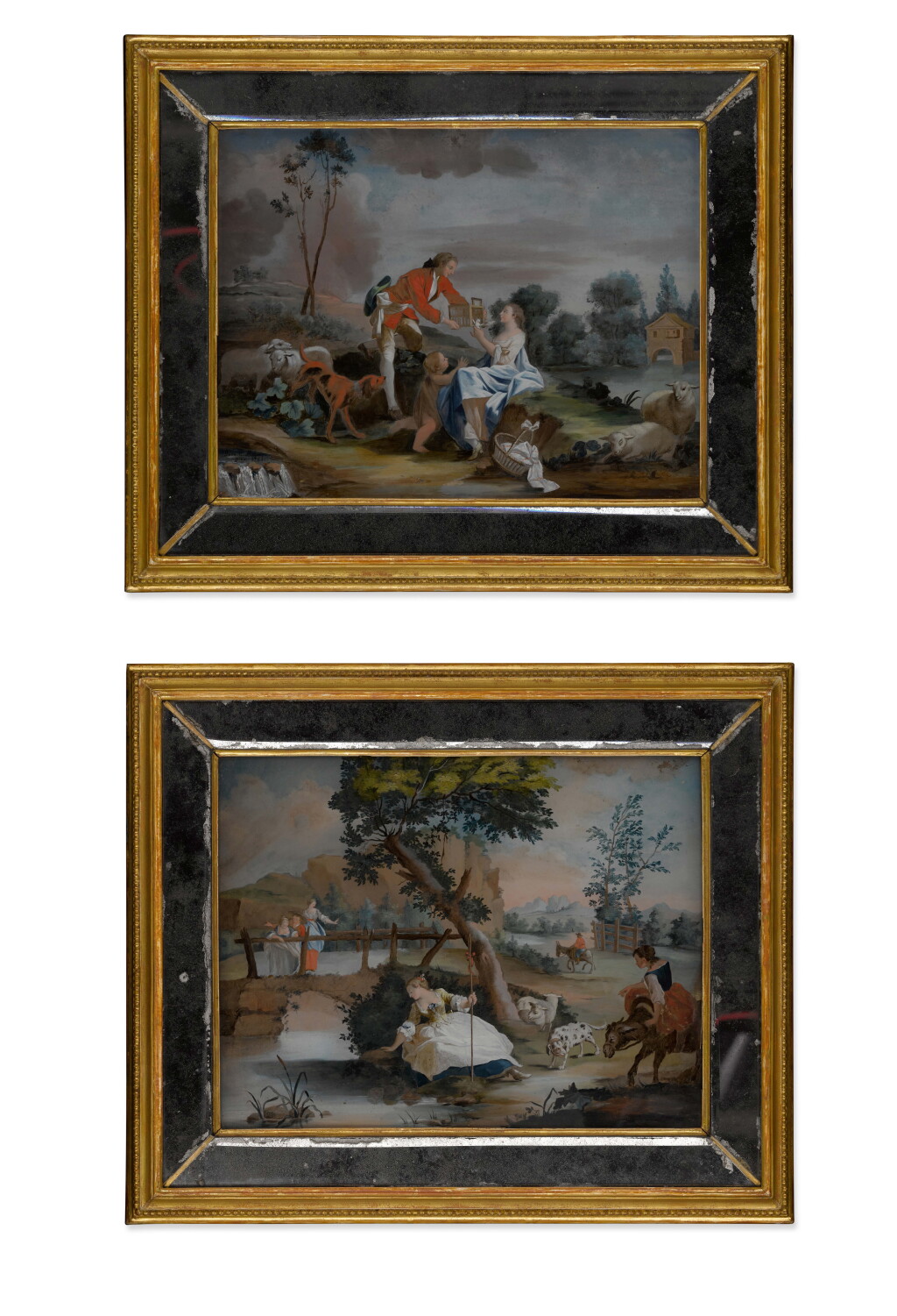 View full screen - View 1 of Lot 246. A Pair of Continental Painted Glass Pictures Depicting Pastoral Scenes after François Boucher.