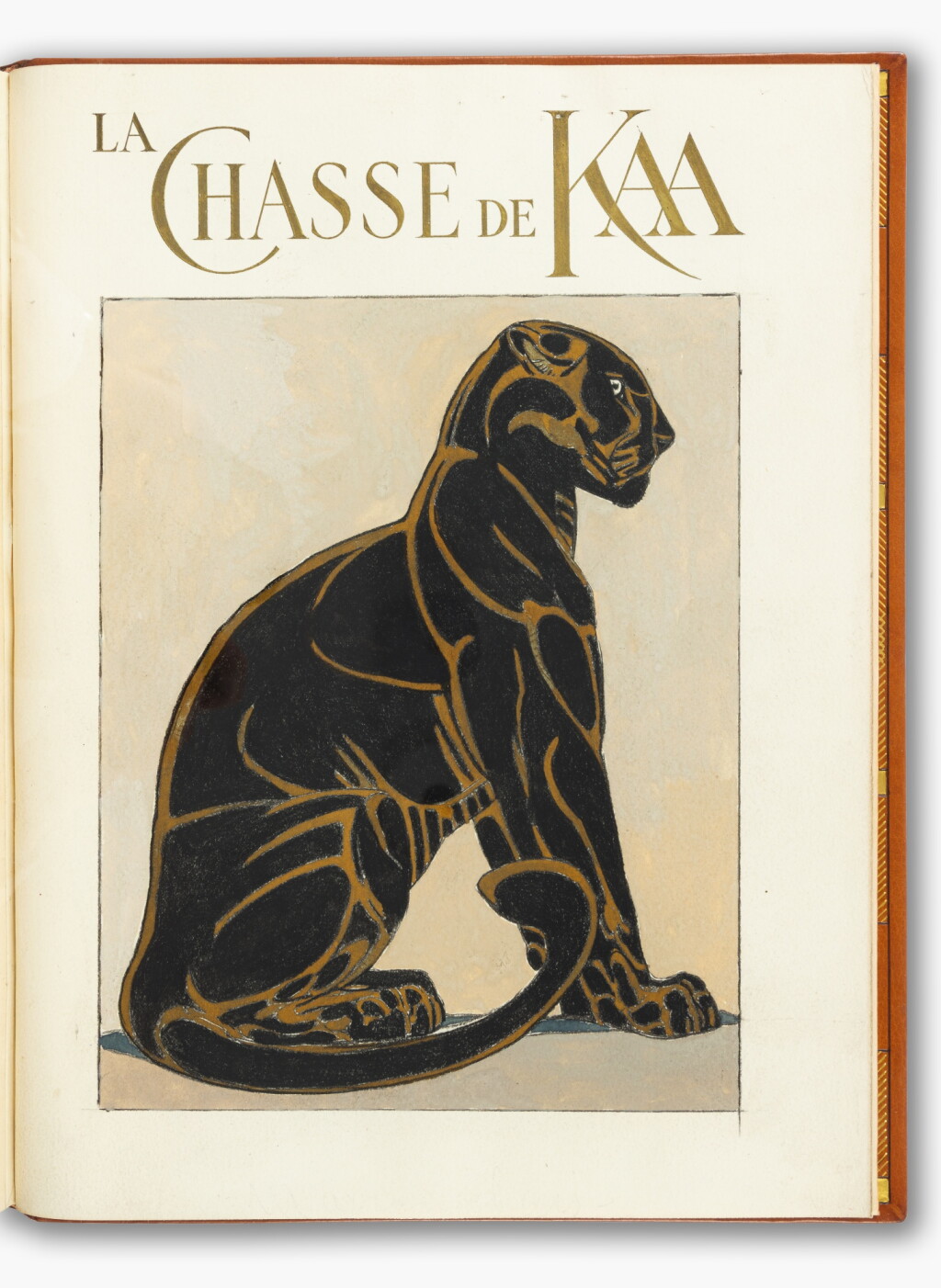 View full screen - View 1 of Lot 94. La Chasse de Kaa. 1930. Magnifique reliure de Gruel inspirée de Jouve. 124 illustrations de Jouve. Enrichi d'un dessin original de Jouve, modèle pour la reliure..