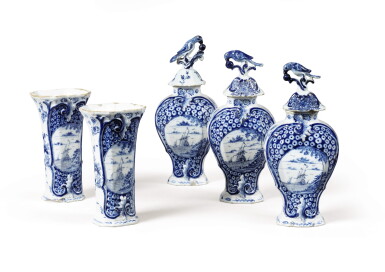 View full screen - View 1 of Lot 105. A five-piece Dutch Delft garniture with covers, late 18th century.