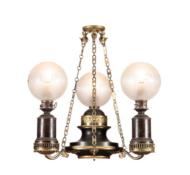 View full screen - View 1 of Lot 67. A patinated tole and gilt-brass three-light colza-oil chandelier, french mid 19th century | Lustre à pétrole en tôle et laiton doré, milieu du XIXe siècle.
