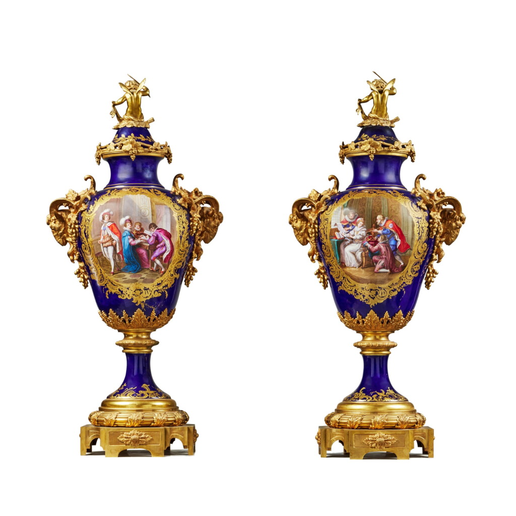 View full screen - View 1 of Lot 125. A Pair of Large Gilt-Bronze Mounted Sèvres Style Gilt and Painted Porcelain Vases and Covers, Circa 1880.