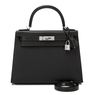 View full screen - View 1 of Lot 37. Hermès Horseshoe Stamp (HSS) Black Verso Sellier Kelly 28cm of Epsom Leather with Brushed Palladium Hardware.