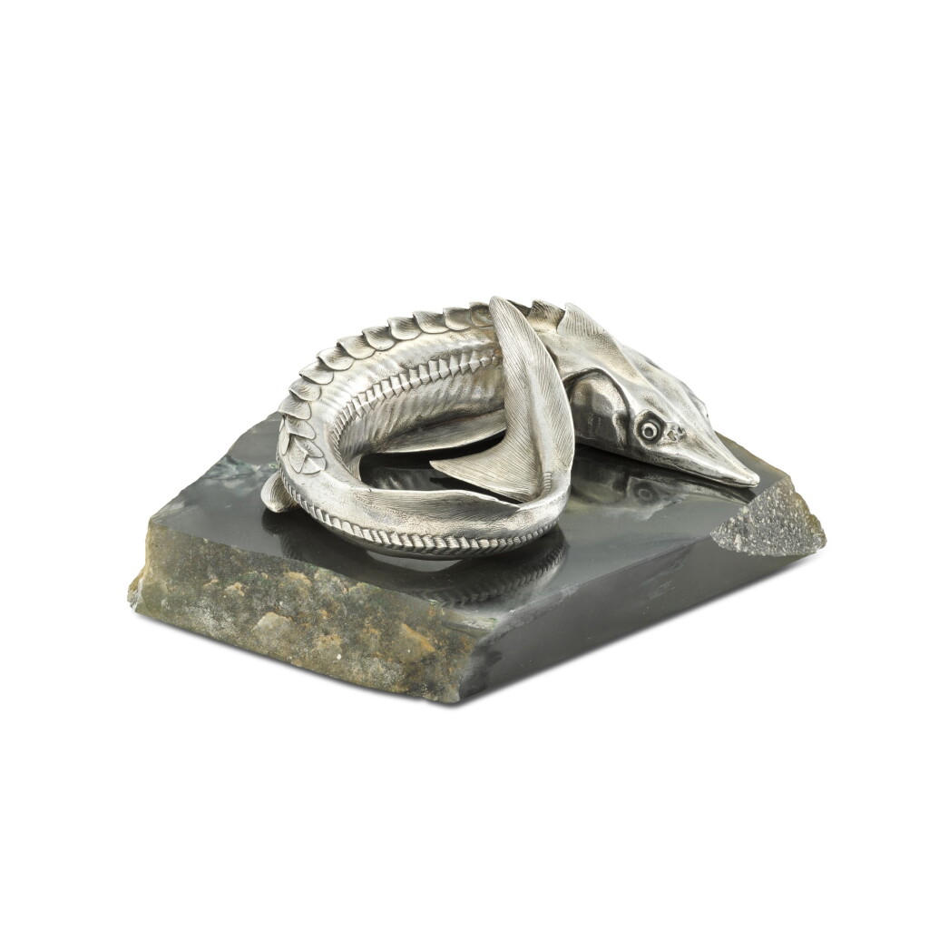 View full screen - View 1 of Lot 227. A Fabergé silver and hardstone model of a sturgeon, workmaster Julius Rappoport, St Petersburg, circa 1890.