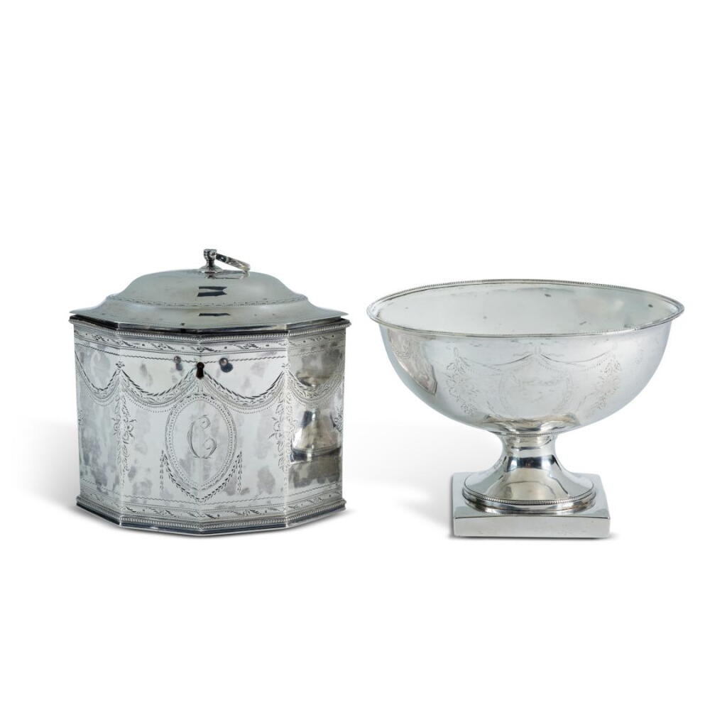 View full screen - View 1 of Lot 196. An American Silver Tea Caddy and Footed Bowl, Daniel Van Voorhis, New York, Circa 1790.