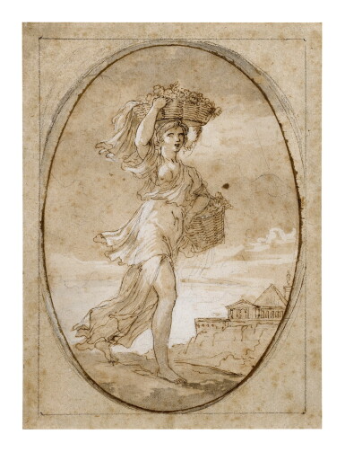 View full screen - View 1 of Lot 119. Recto: A woman carrying two baskets of flowers (Flora?) Verso: Partial study of a male torso.