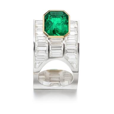 View full screen - View 1 of Lot 847. Emerald and diamond ring.