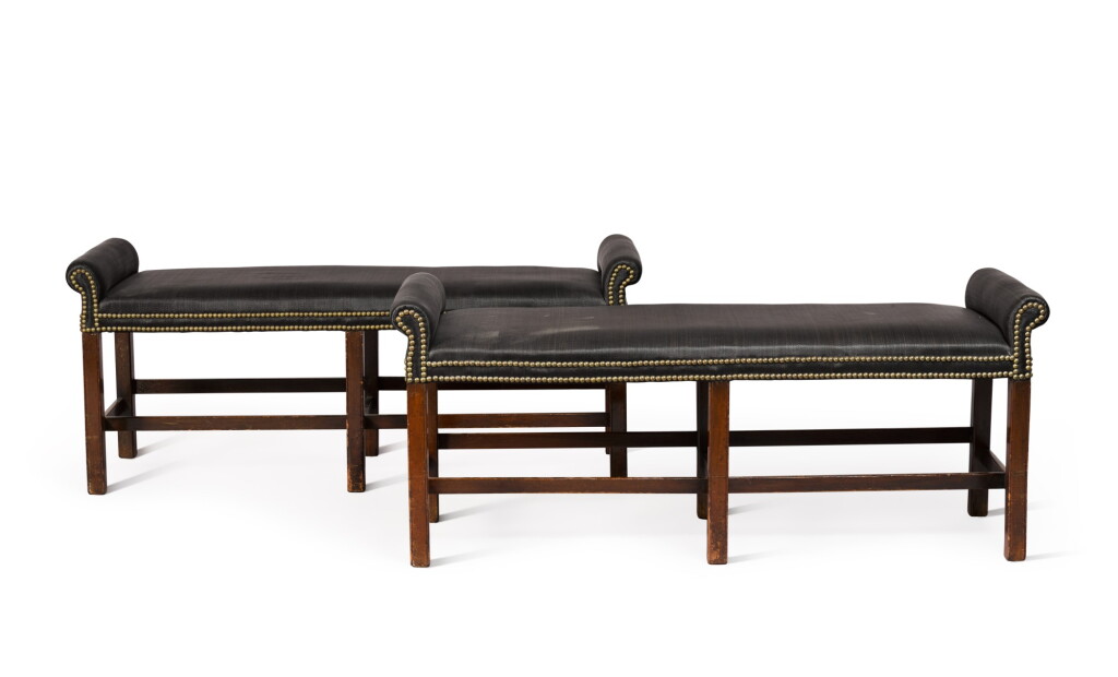 View full screen - View 1 of Lot 84. A pair of George III mahogany two-seat benches, circa 1800.