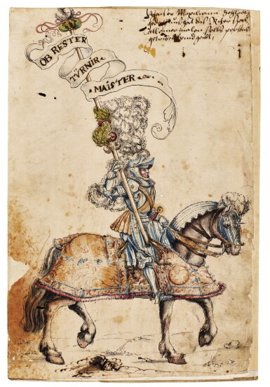 View full screen - View 1 of Lot 9. WORKSHOP OF HANS BURGKMAIR THE ELDER | A 'TOURNAMENT BOOK', WITH 16 NUMBERED SHEETS OF DRAWINGS OF KNIGHTS, MOSTLY ON HORSEBACK, IN PAIRS .