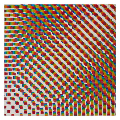 View full screen - View 1 of Lot 552. 10 trames de carrés réguliers pivotées sur l'angle du violet au rouge sur fond blanc.