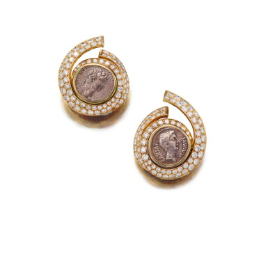 View full screen - View 1 of Lot 78. Bulgari | Pair of Twenty-Karat Gold, Ancient Coin and Diamond Earclips 20K黃金鑲古代錢幣及鑽石耳環一對.
