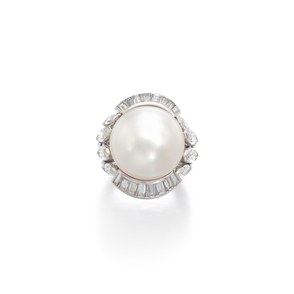 View full screen - View 1 of Lot 640. Natural pearl and diamond ring.