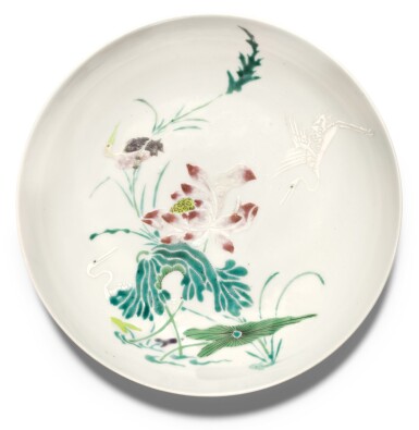 View full screen - View 1 of Lot 150. A 'BONELESS' FAMILLE-ROSE ‘EGRET AND LOTUS’ DISH YONGZHENG MARK AND PERIOD | 清雍正 粉彩路路連科紋盤 《大清雍正年製》款.