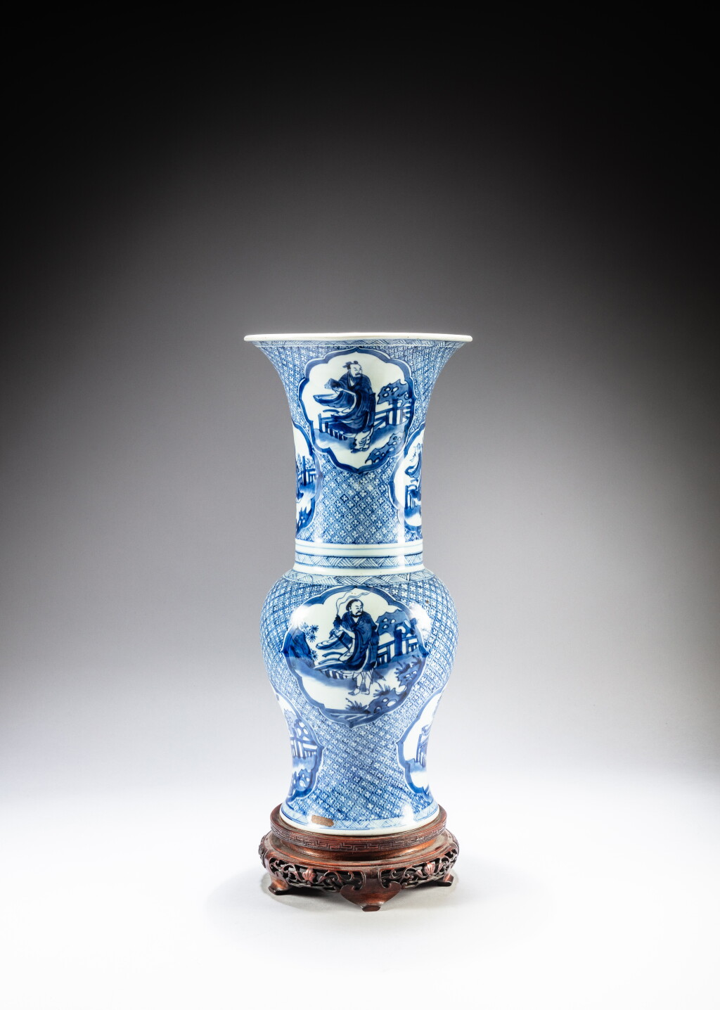 View full screen - View 1 of Lot 70. A blue and white 'eight immortals' yen yen vase, Qing dynasty, 19th century | 清十九世紀 青花八仙拱壽圖鳳尾尊.