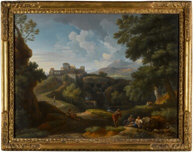 View full screen - View 1 of Lot 4. An extensive Italianate wooded landscape with figures on a path, a castellated villa beyond.