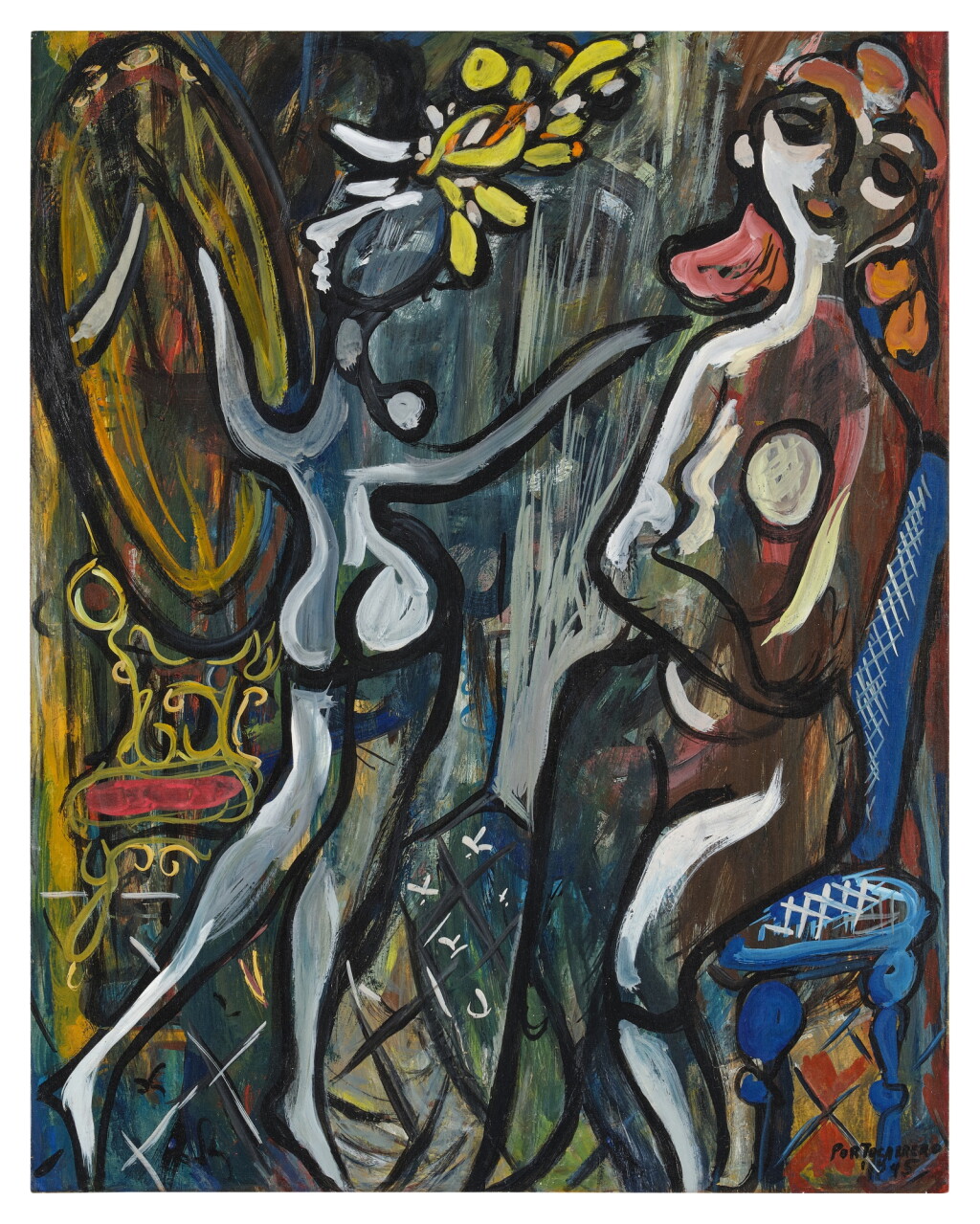 View full screen - View 1 of Lot 569. Espejo y desnudos en azul y rosa.