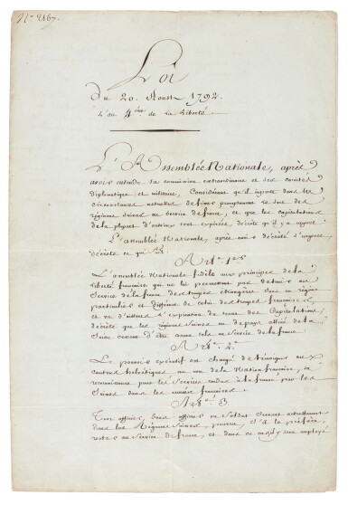 View full screen - View 1 of Lot 299. George Jacques Danton | Document signed, ending the employment of Swiss Regiments in the service of France, 1792.