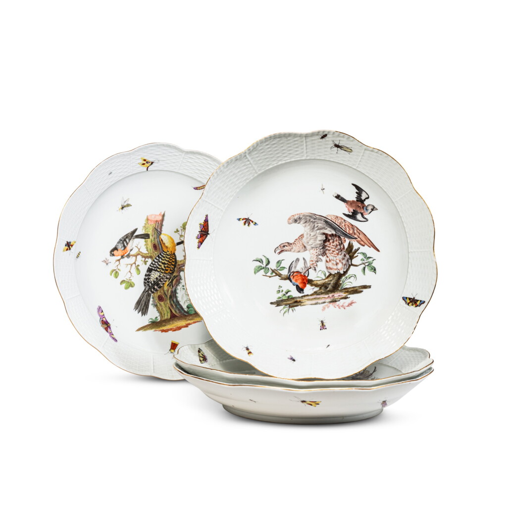 View full screen - View 1 of Lot 43. Four Meissen porcelain ornithological large dishes, one pair circa 1750, the other pair 19th century.