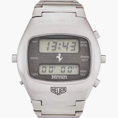 View full screen - View 1 of Lot 632. Reference R.102.703 Chronosplit 'Ferrari' | A stainless steel chronograph wristwatch with date, bracelet, and LCD display, Circa 1975.