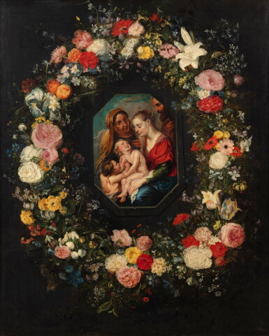 View full screen - View 1 of Lot 21. Virgin and Child with Saints Anne and John in a garland of flowers | Vierge à l'Enfant dans une guirlande de fleurs.