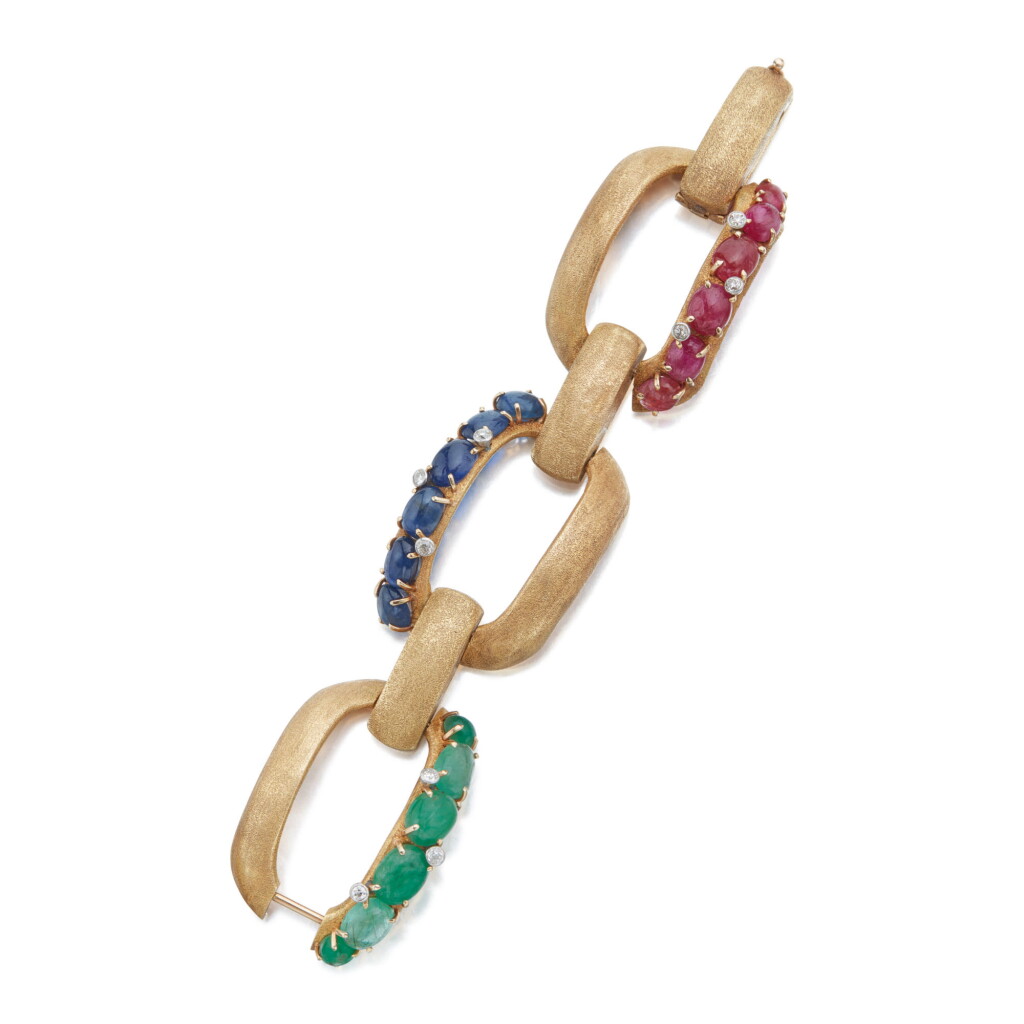 View full screen - View 1 of Lot 266. GOLD, GEM-SET AND DIAMOND BRACELET, SEAMAN SCHEPPS.