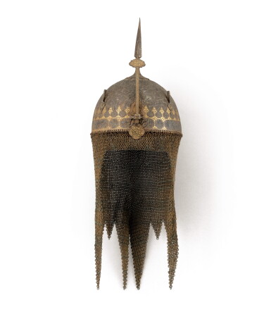 View full screen - View 1 of Lot 141. A gold-overlaid chiselled steel helmet (kulah khud) with hunting scenes, Persia, Qajar, 19th century.