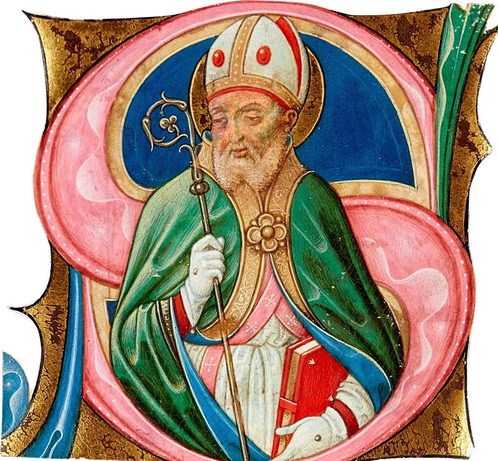 View full screen - View 1 of Lot 32. Illuminated Initial, C15/16th | A Bishop Saint, historiated initial ‘S’ from a Choirbook on vellum, illuminated by the Master of the Graduals of San Salvatore in Pavia, Italy (Lombardy), c. 1500.
