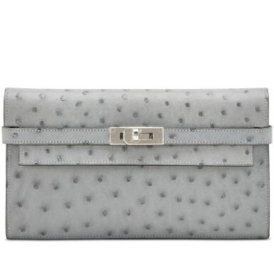 View full screen - View 1 of Lot 18. Bleu Glacier Ostrich Kelly Wallet Palladium Hardware, 2017.