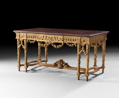 View full screen - View 1 of Lot 107. A giltwood center table, Louis XVI, circa 1780 | Table de milieu en bois doré d'époque Louis XVI, vers 1780.